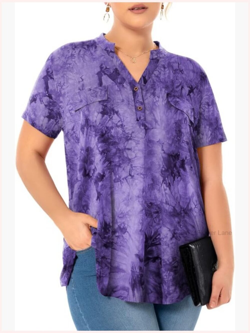 Plus Size Tunic Top Short Sleeve V Neck Plaid Blouse Work Casual